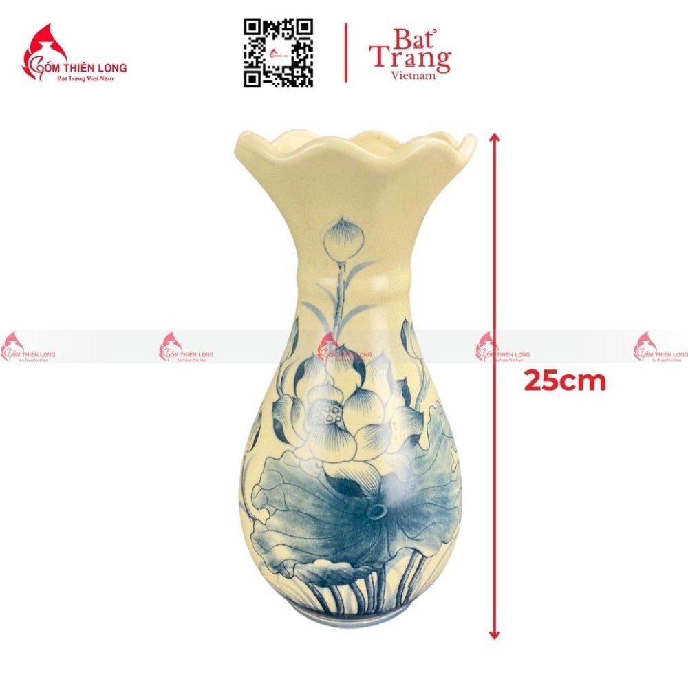 Lọ Hoa Bàn Thờ Men Rạn Vẽ Sen Miệng Lượn S230843