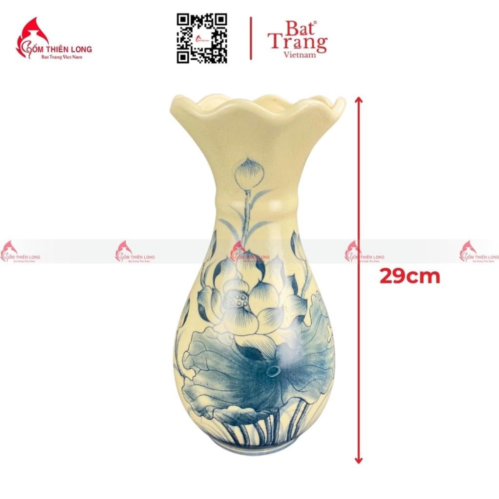 Lọ Hoa Bàn Thờ Men Rạn Vẽ Sen Miệng Lượn S230843