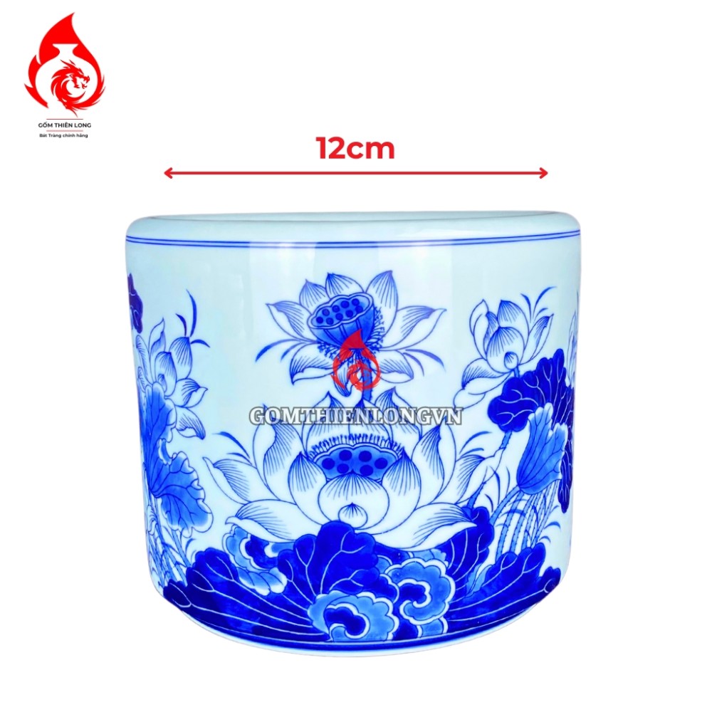 Bát Hương Bát Tràng Vuốt Tay Men Lam Vẽ Hoa Sen S236699