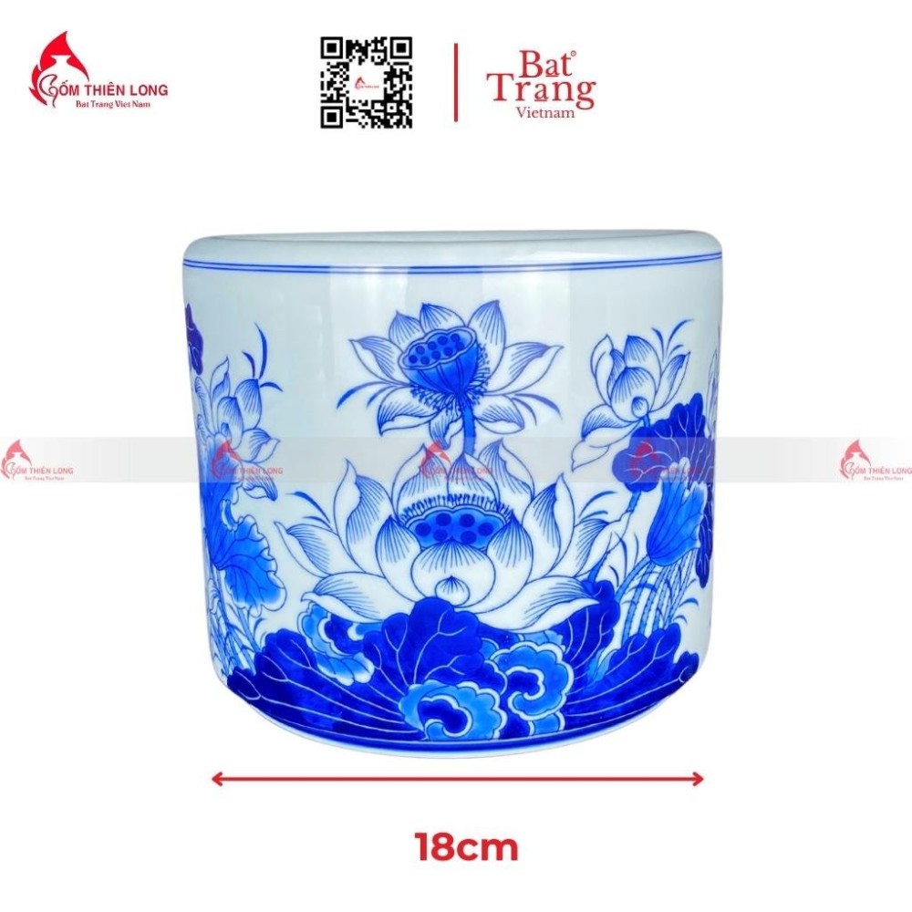 Bát Hương Bát Tràng Vuốt Tay Men Lam Vẽ Hoa Sen S236699