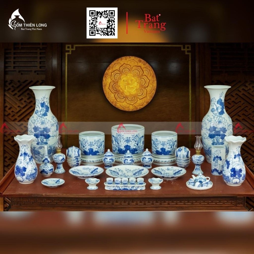 Bát Hương Men Lam Vẽ Hoa Sen S010723