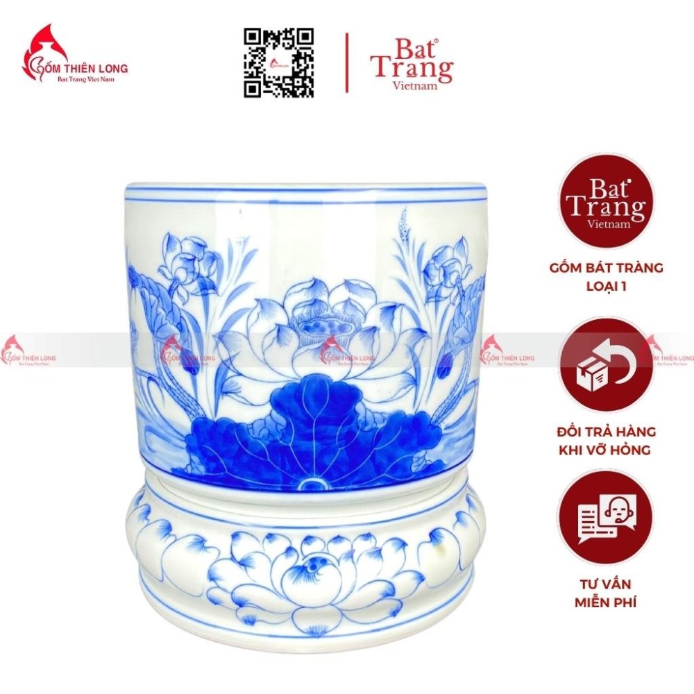 Bát Hương Men Lam Vẽ Hoa Sen S010723