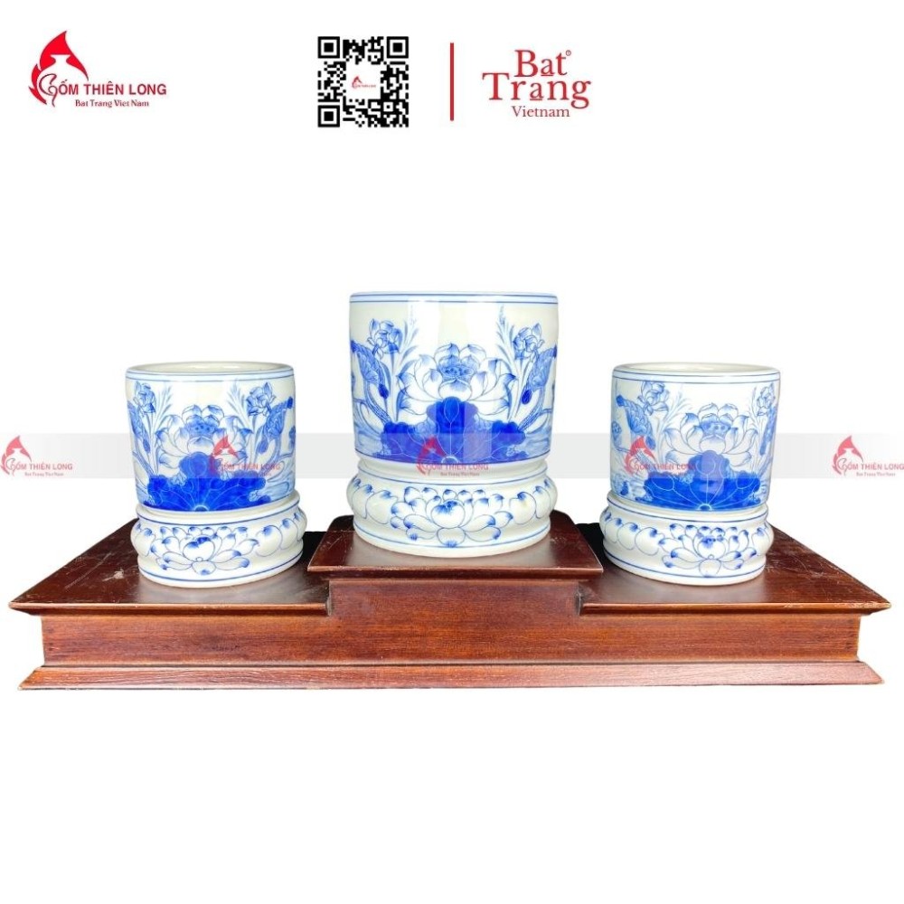 Bát Hương Men Lam Vẽ Hoa Sen S010723