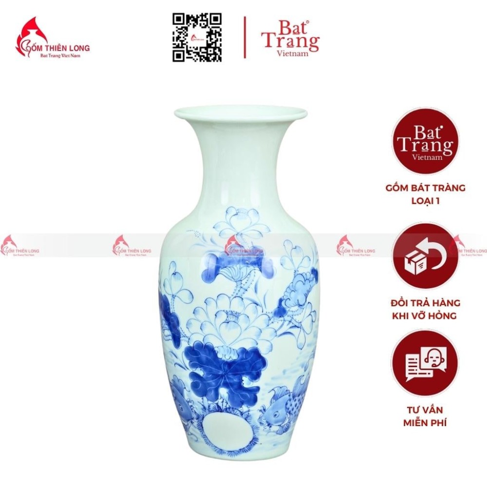 Lọ Hoa Bàn Thờ Men Lam Vẽ Sen Cá S230824