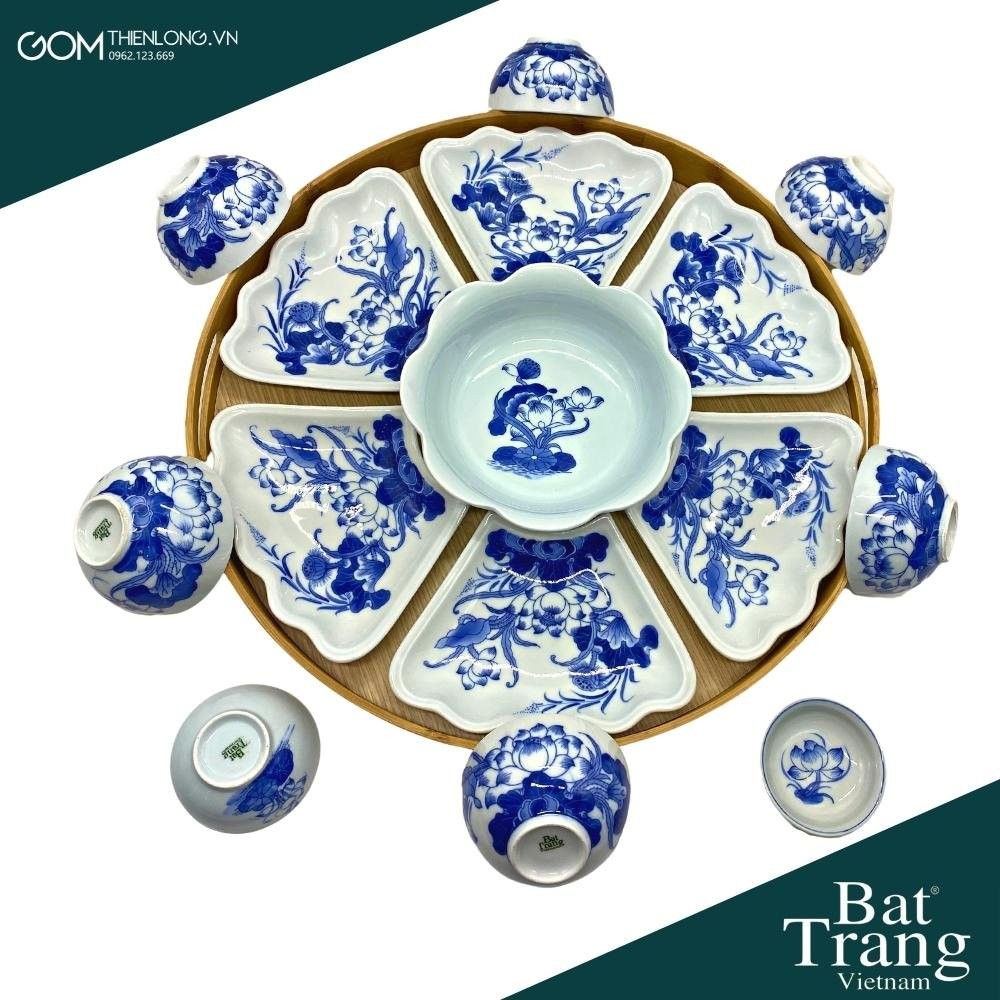 Bộ Bát Đĩa Thắp Hương Men Lam Ngọc Vẽ Sen