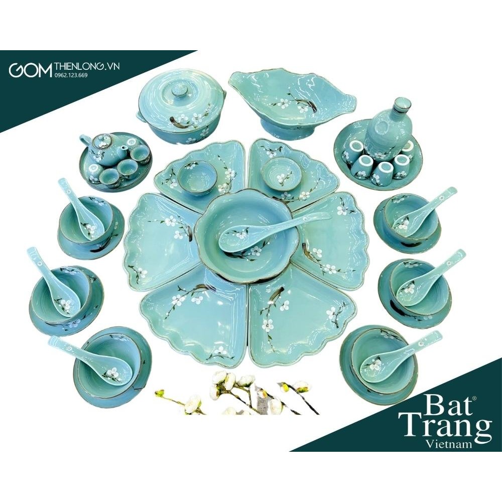 Bộ Bát Đĩa Thắp Hương | Xanh Ngọc Vẽ Đào Trắng