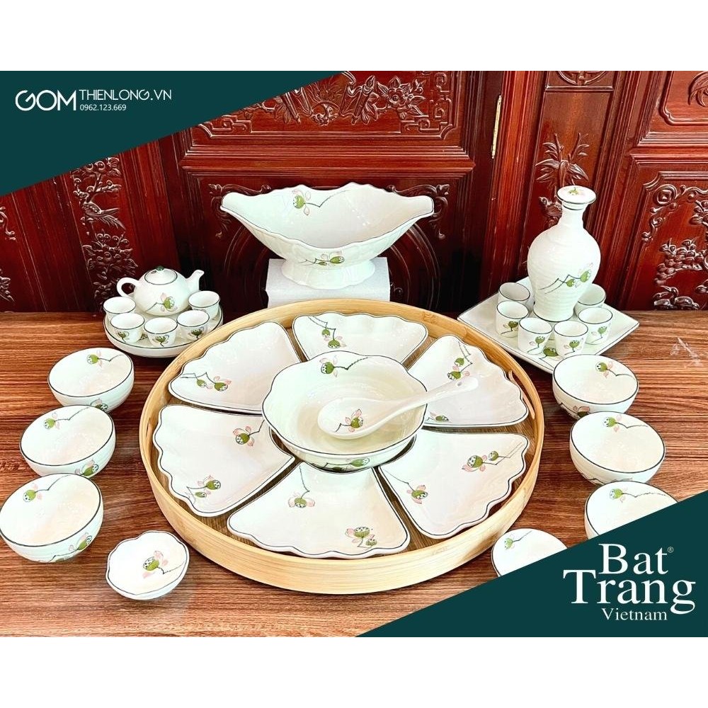 Bộ Bát Đĩa Thắp Hương | Men Kem Vẽ Đài Sen