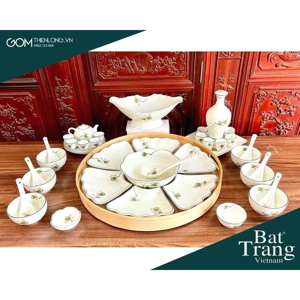 Bộ Bát Đĩa Thắp Hương | Men Kem Vẽ Đài Sen