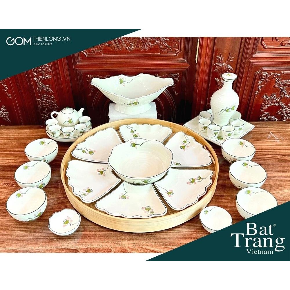 Bộ Bát Đĩa Thắp Hương | Men Kem Vẽ Đài Sen