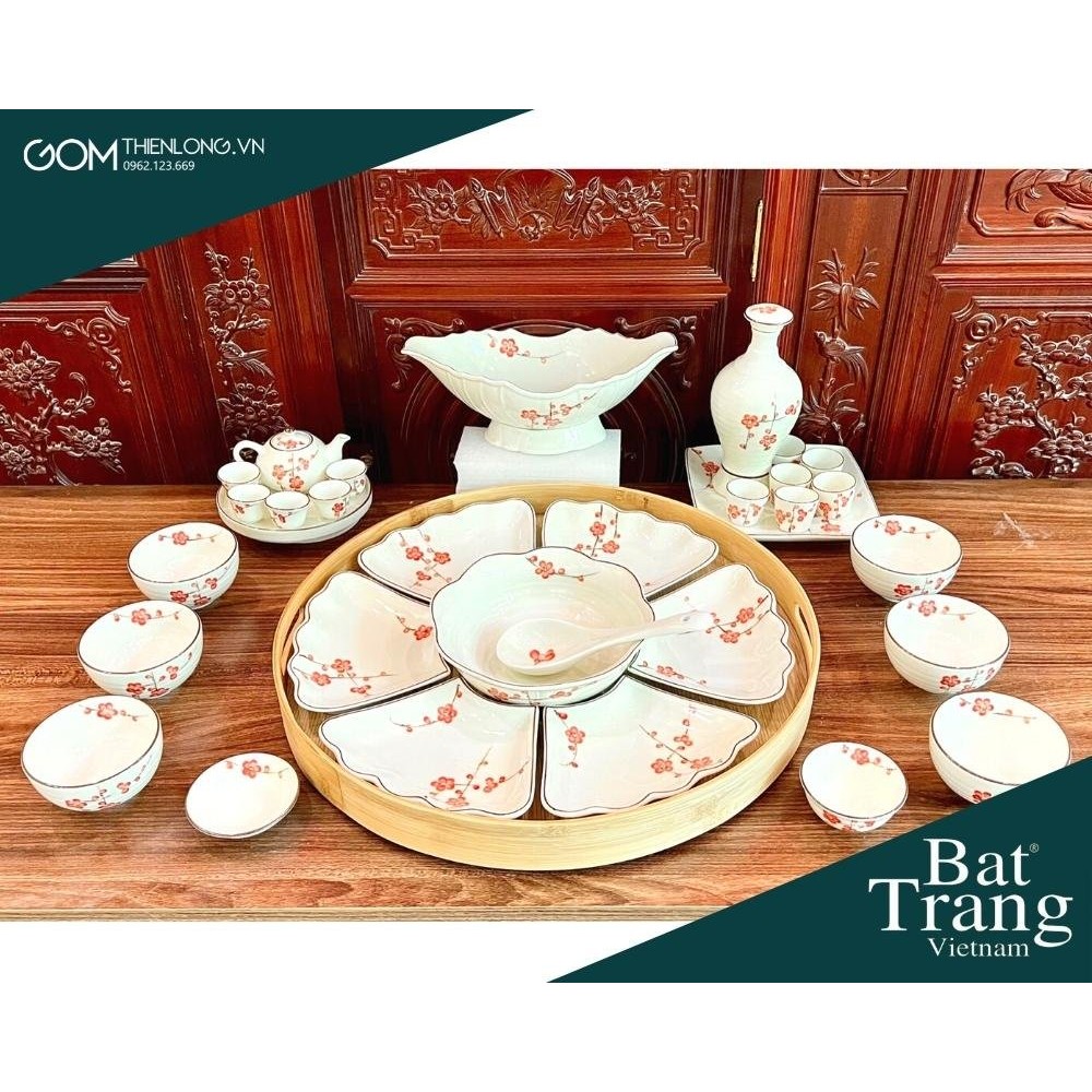 Bộ Bát Đĩa Thắp Hương | Men Kem Vẽ Đào Đỏ