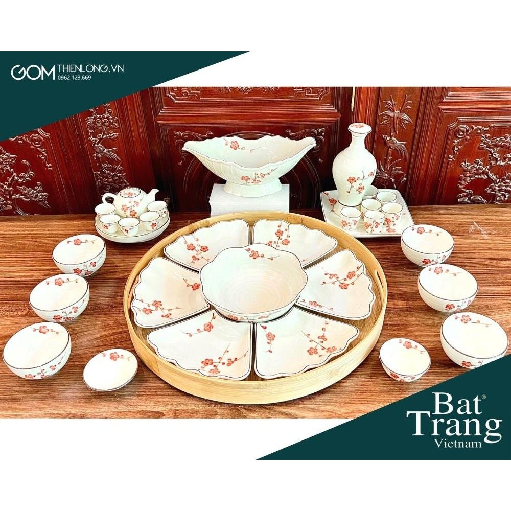 Bộ Bát Đĩa Thắp Hương | Men Kem Vẽ Đào Đỏ