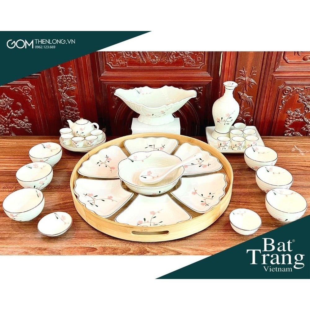 Bộ Bát Đĩa Thắp Hương | Men Kem Vẽ Đào Hồng