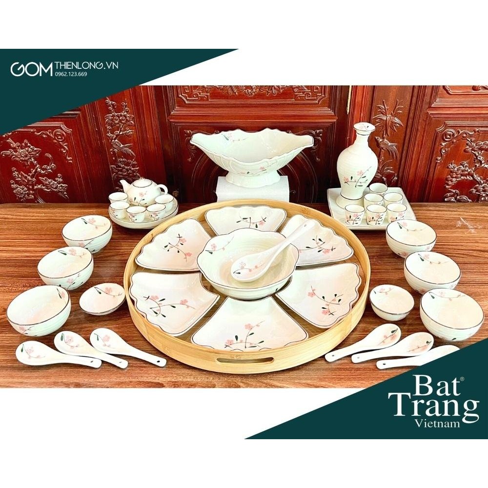 Bộ Bát Đĩa Thắp Hương | Men Kem Vẽ Đào Hồng