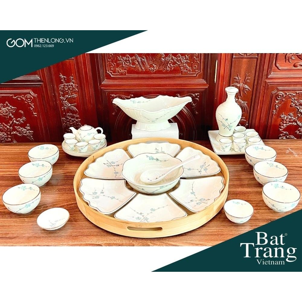 Bộ Bát Đĩa Thắp Hương | Men Kem Vẽ Đào Xanh