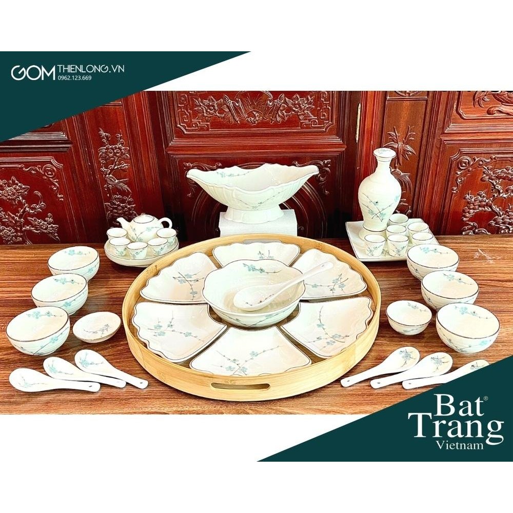 Bộ Bát Đĩa Thắp Hương | Men Kem Vẽ Đào Xanh