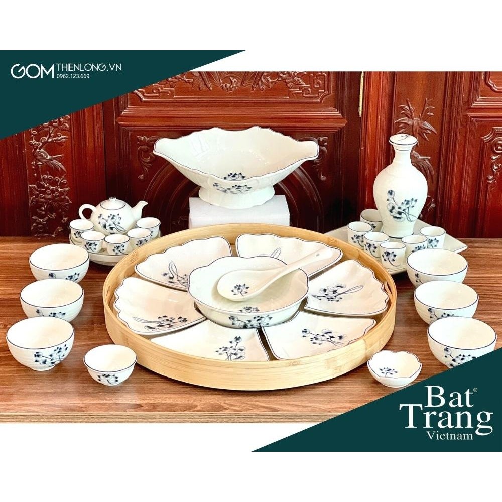 Bộ Bát Đĩa Thắp Hương Men Kem Vẽ Sen Chàm 236624