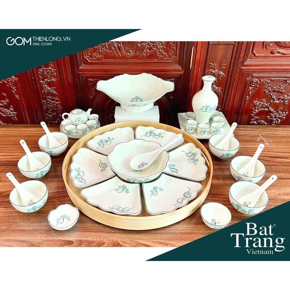 Bộ Bát Đĩa Thắp Hương | Men Kem Vẽ Sen Xanh