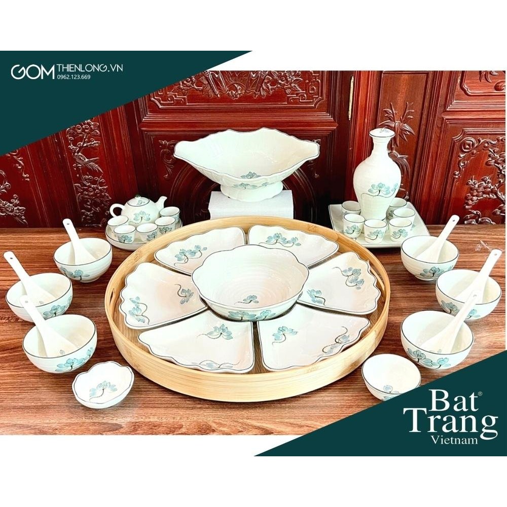 Bộ Bát Đĩa Thắp Hương | Men Kem Vẽ Sen Xanh