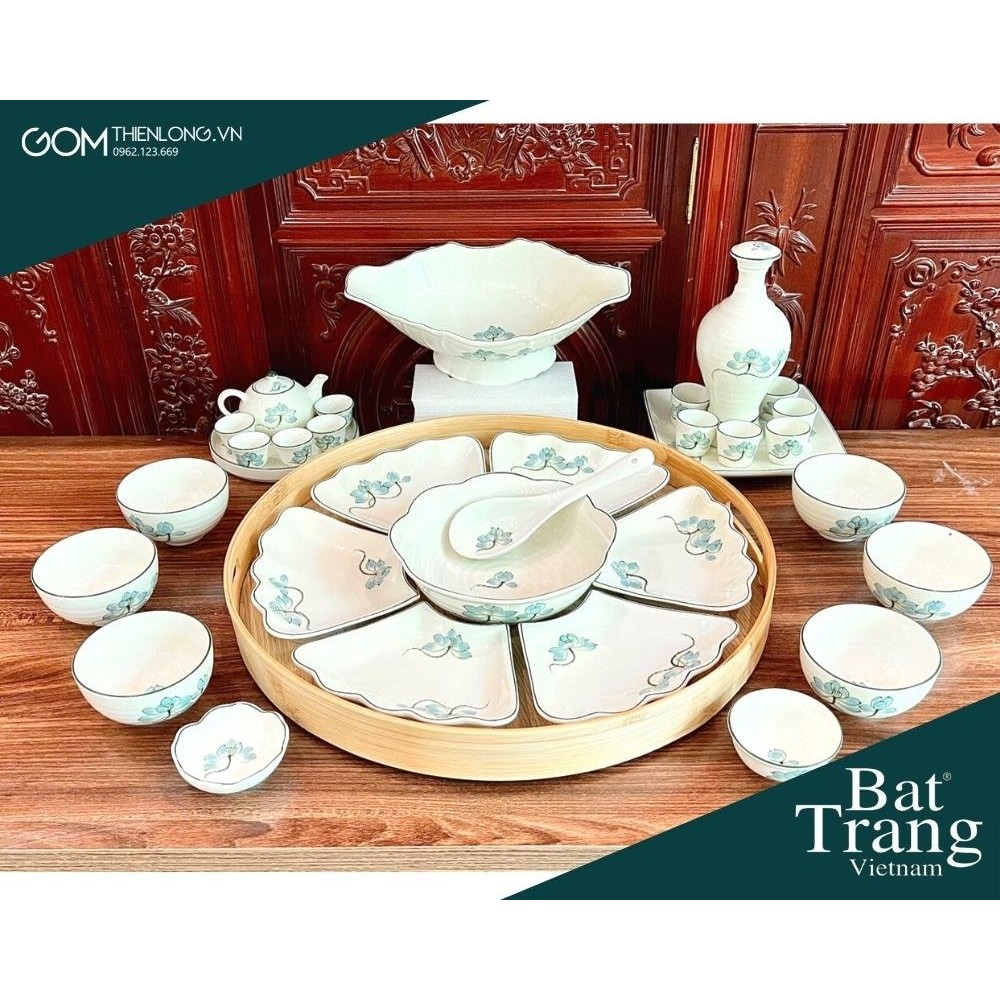 Bộ Bát Đĩa Thắp Hương | Men Kem Vẽ Sen Xanh