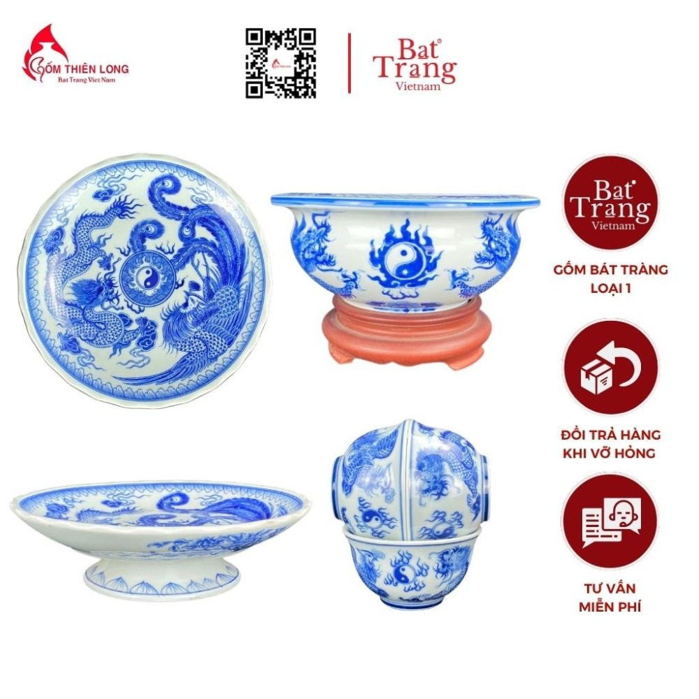 Bộ Đồ Thờ Bát Tràng Bát Hương Quả Lựu Men Lam 236984