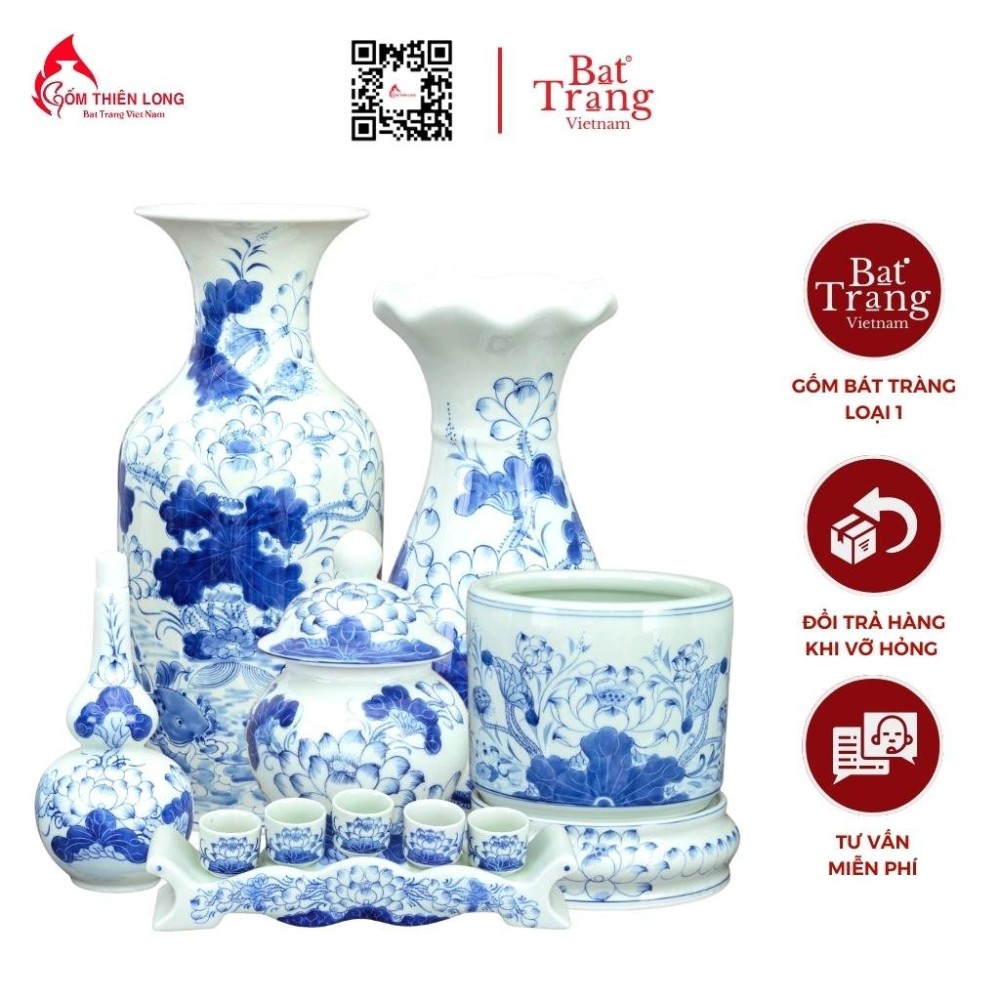 Bộ Đồ Thờ Bát Tràng Men Lam Vẽ Hoa Sen 236998