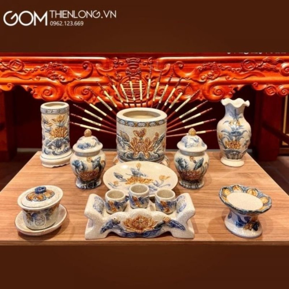 Bộ Đồ Thờ Bát Tràng Men Rạn Đắp Nổi Hoa Sen 236994