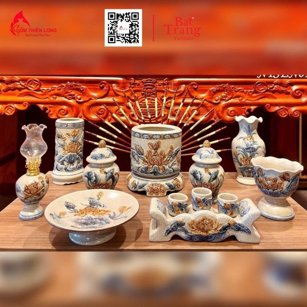 Bộ Đồ Thờ Bát Tràng Men Rạn Đắp Nổi Hoa Sen 236994