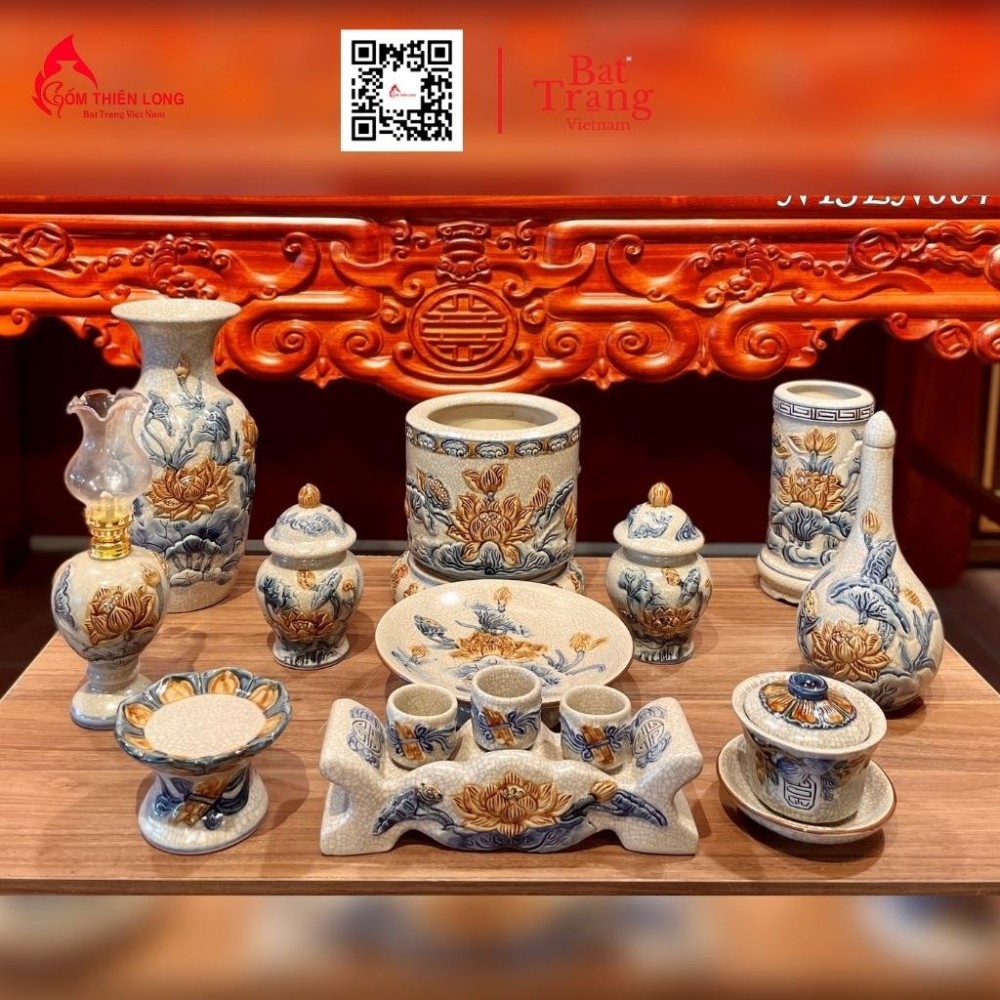 Bộ Đồ Thờ Bát Tràng Men Rạn Đắp Nổi Hoa Sen 236994