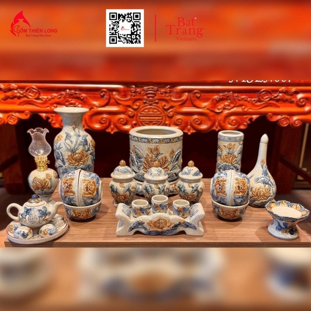 Bộ Đồ Thờ Bát Tràng Men Rạn Đắp Nổi Hoa Sen 236994