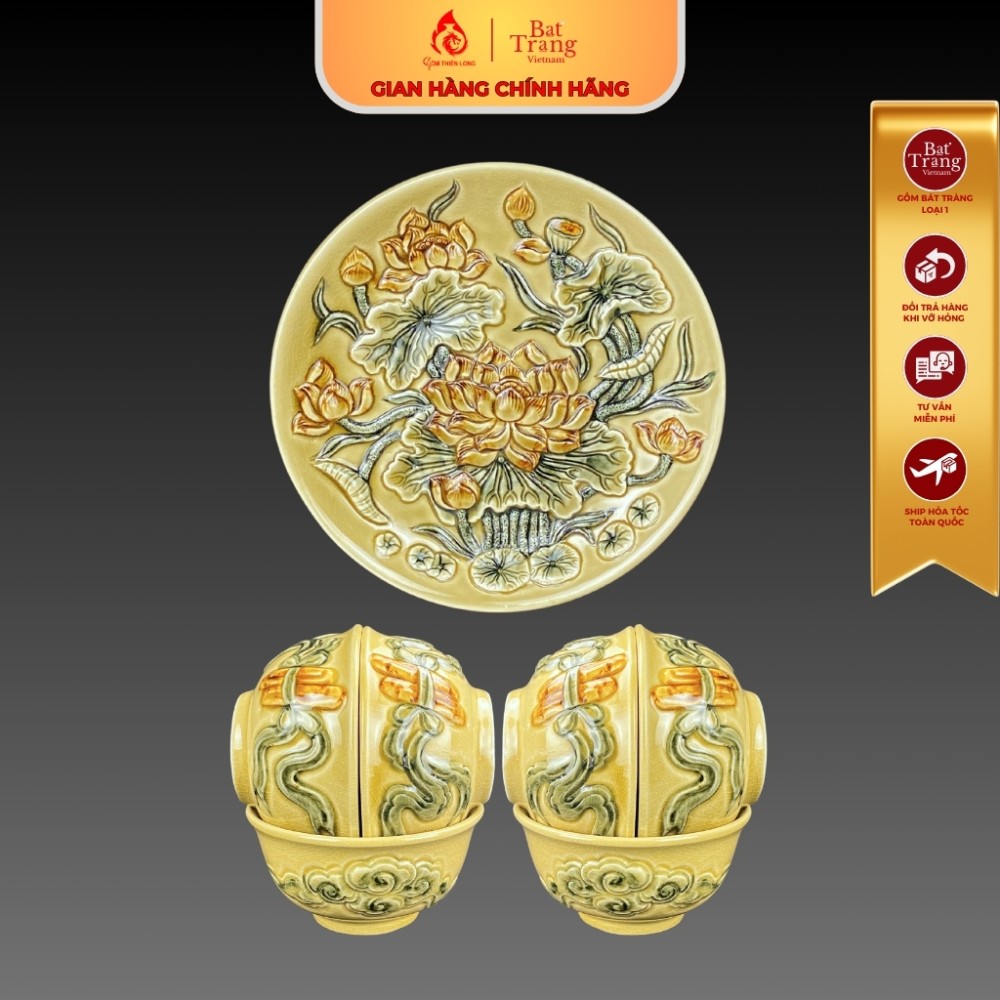 Bộ Đồ Thờ Bát Tràng Men Rạn Vàng Hoàng Lưu Ly Đắp Nổi 236985