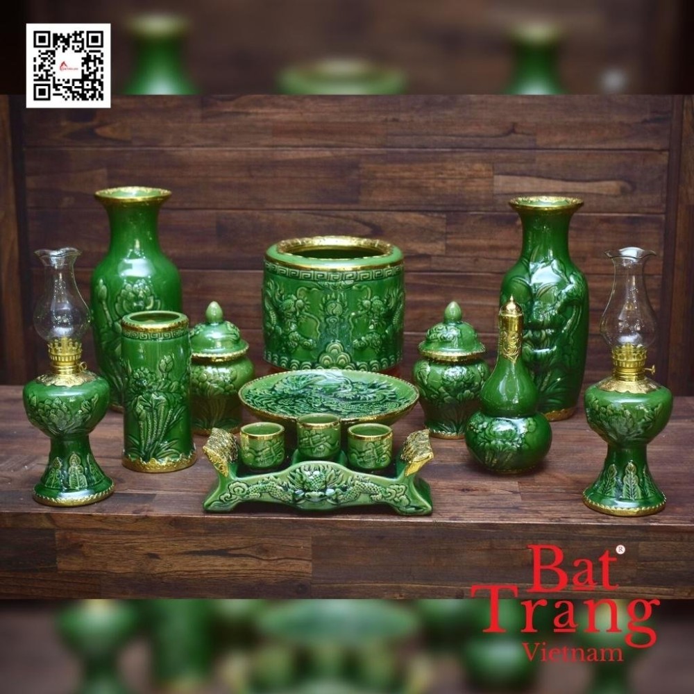 Bộ Đồ Thờ Bát Tràng Xanh Ngọc Lục Bảo Đắp Nổi 236986