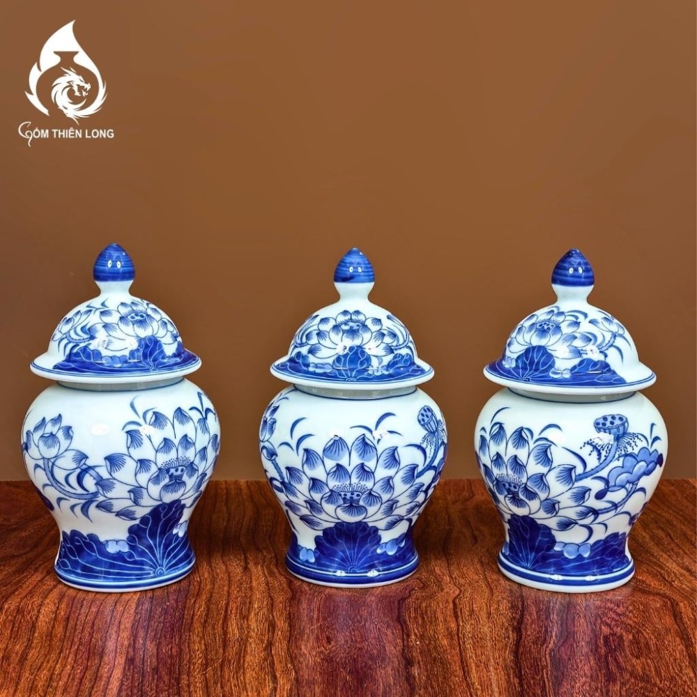 Chóe Thờ Bát Tràng Men Lam Ngọc Vẽ Hoa Sen 230235