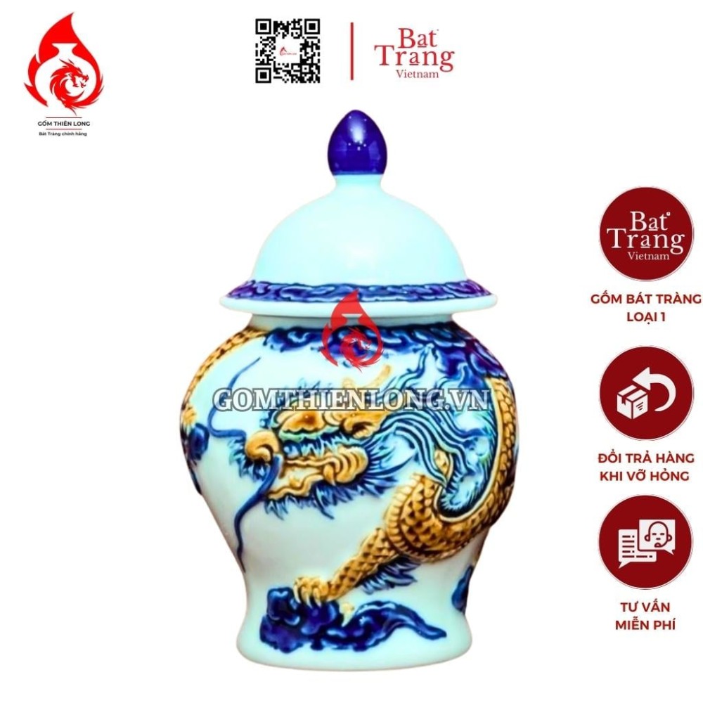 Chóe Thờ Bát Tràng Men Ngọc Đắp Nổi Long Vân 230251