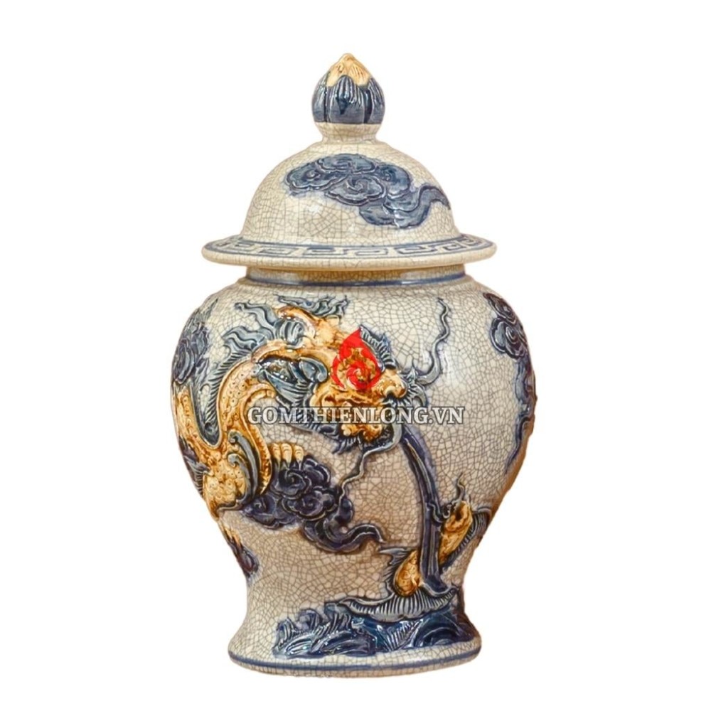 Chóe Thờ Bát Tràng Men Rạn Đắp Nổi Long Chầu Nguyệt 230231R