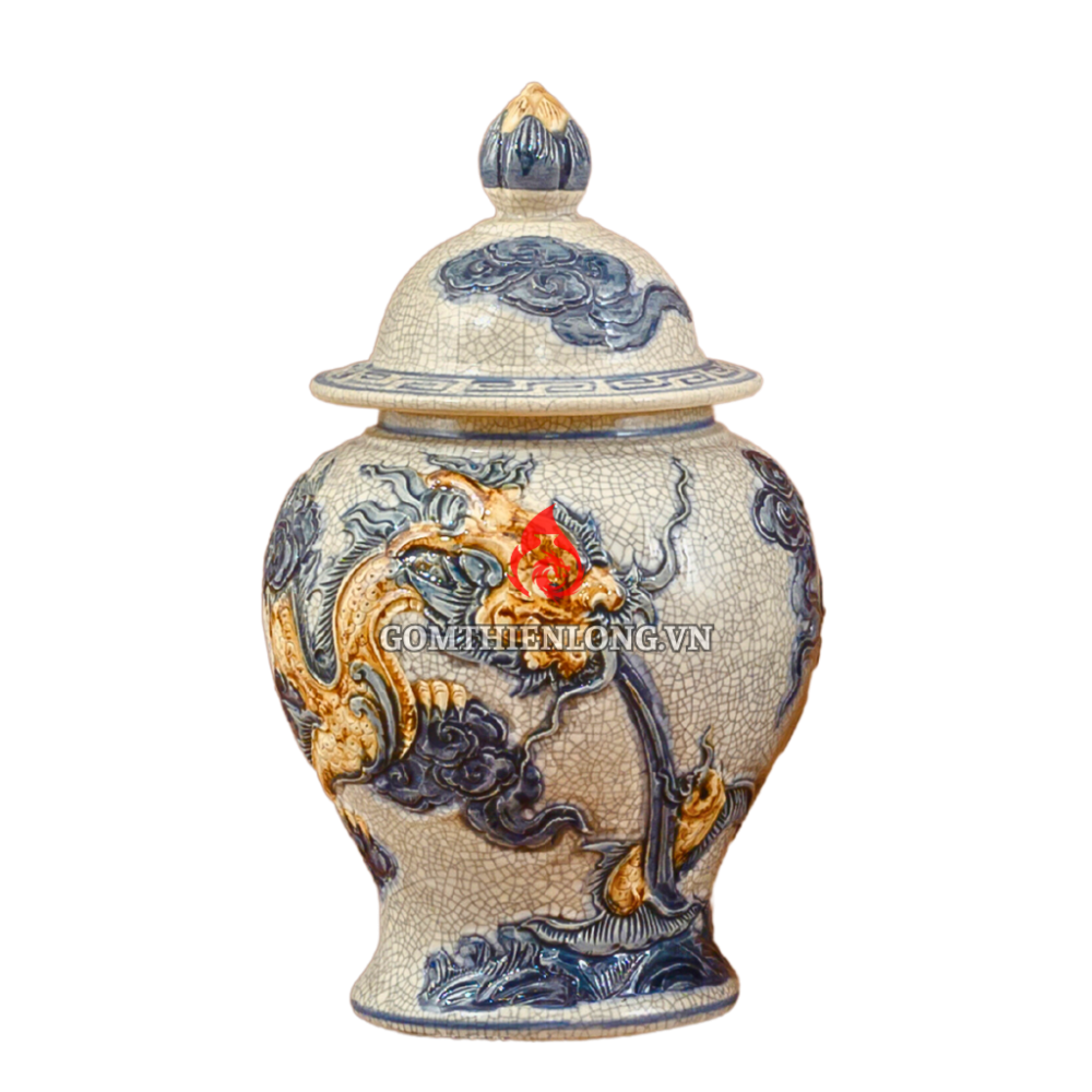 Chóe Thờ Bát Tràng Men Rạn Đắp Nổi Long Chầu Nguyệt 230231R