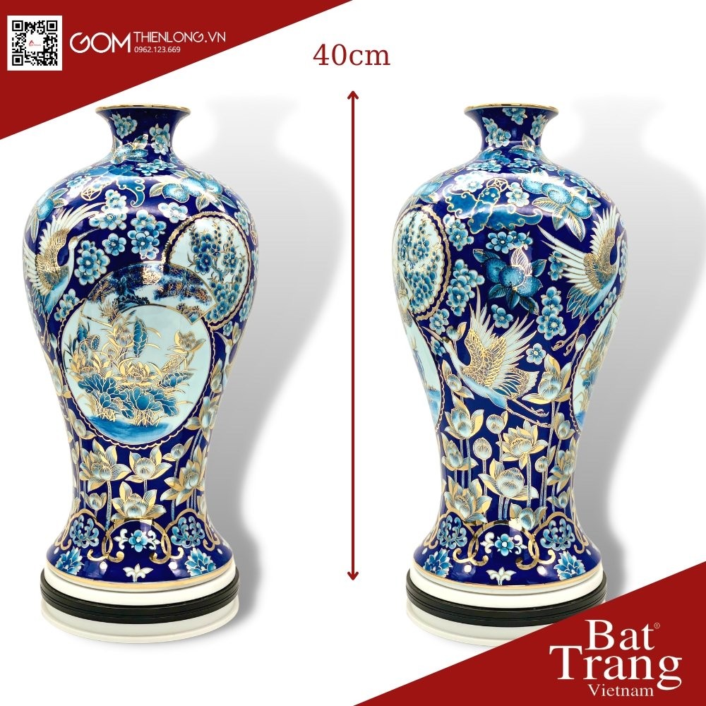 Mai Bình Tài Lộc Sen Hạc Vẽ Vàng Nền Xanh