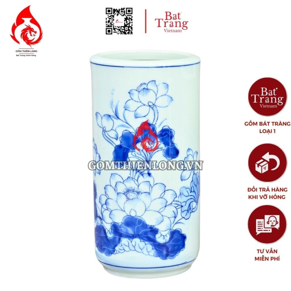 Ống Đựng Nhang Bát Tràng Men Lam Vẽ Hoa Sen 231074