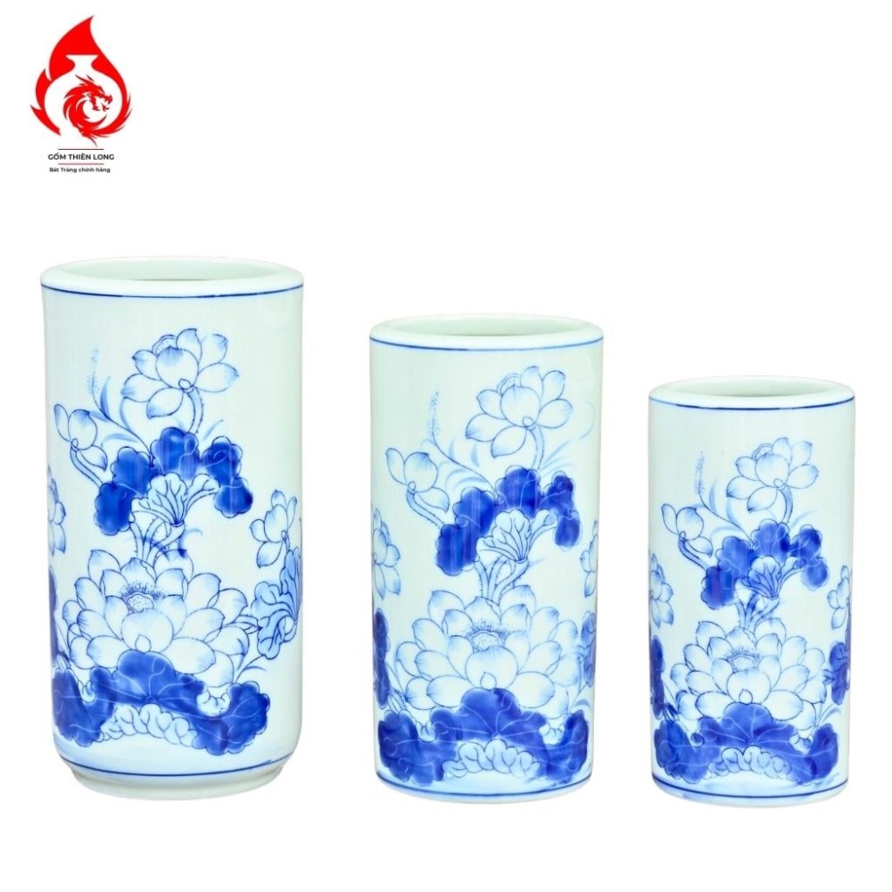 Ống Đựng Nhang Bát Tràng Men Lam Vẽ Hoa Sen 231074