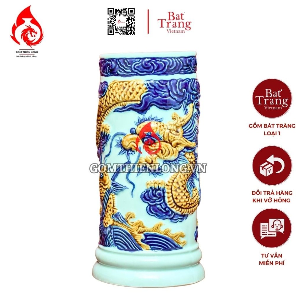 Ống Đựng Nhang Bát Tràng Men Ngọc Đắp Nổi Long Cuốn Thủy 231077