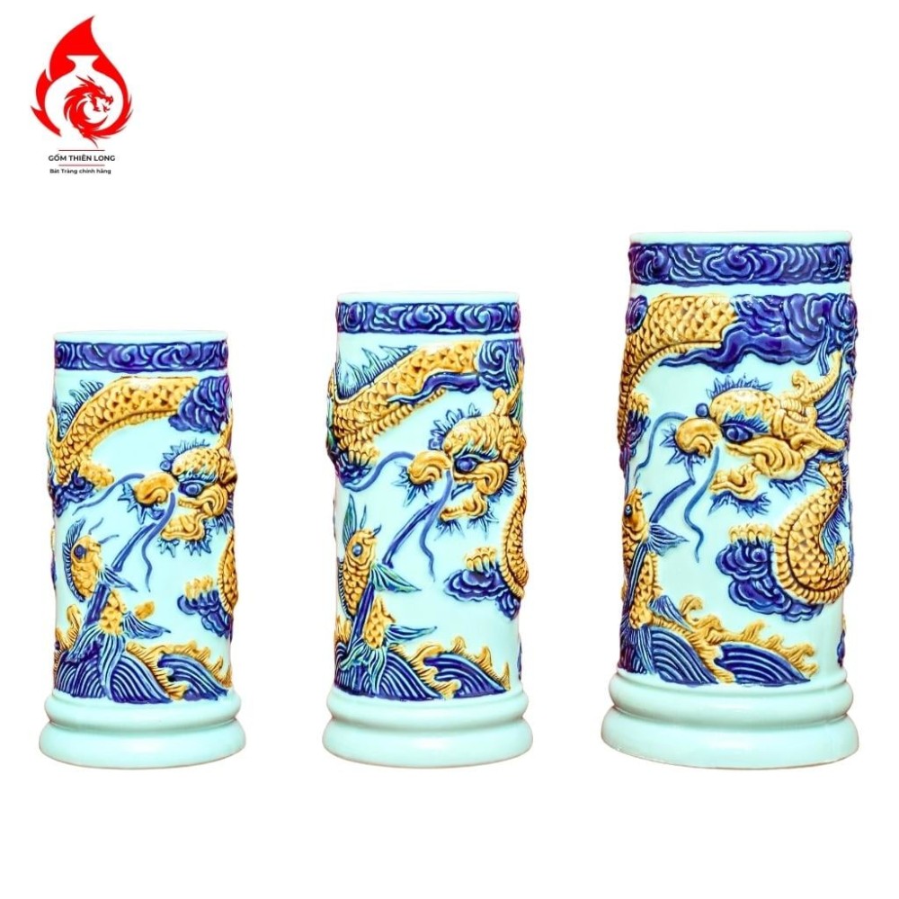 Ống Đựng Nhang Bát Tràng Men Ngọc Đắp Nổi Long Cuốn Thủy 231077