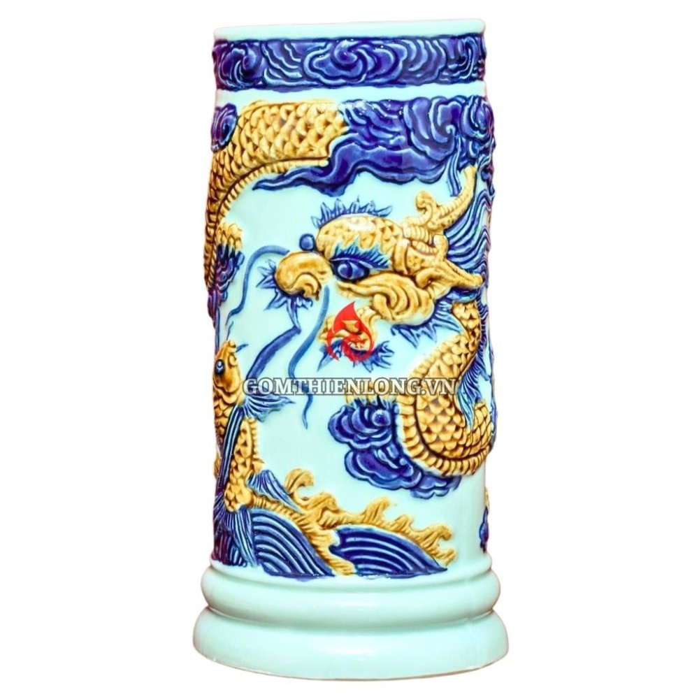 Ống Đựng Nhang Bát Tràng Men Ngọc Đắp Nổi Long Cuốn Thủy 231077