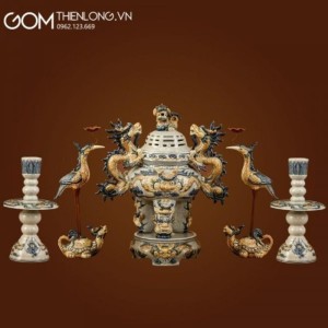 Bộ Đỉnh Hạc Ngũ Sự Men Rạn Đắp Nổi Rồng 236684
