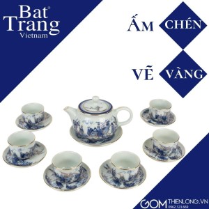 Ấm Chén Vẽ Vàng Men Lam Trúc Lâm Thất Hiền 223001