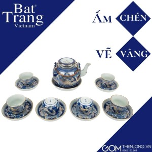 Ấm Chén Vẽ Vàng Men Lam Bộ Long Ẩn 223002
