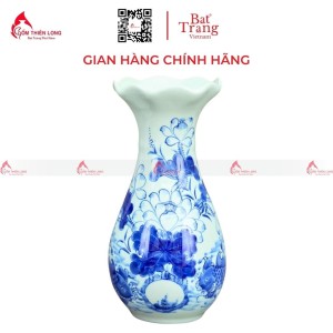 Lọ Hoa Bàn Thờ Men Lam Miệng Lượn Vẽ Sen Cá S230823