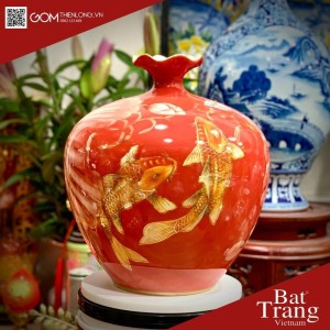 Bình Hút Lộc 3D Sen Cá Nền Đỏ Miệng Lượn