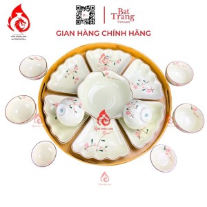 Bộ Bát Đĩa Hoa Mặt Trời Men Kem Vẽ Đào Hồng