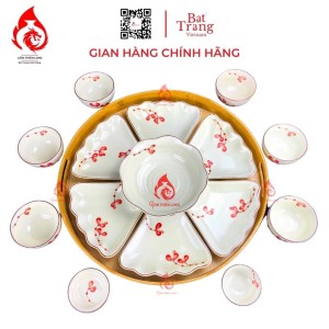 Bộ Bát Đĩa Hoa Mặt Trời Men Kem Vẽ Đào Đỏ