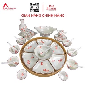 Bộ Bát Đĩa Thắp Hương | Men Kem Vẽ Đào Đỏ