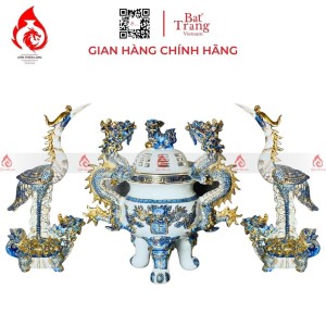 Bộ Đỉnh Hạc Chân Sứ Tam Sự Men Lam Vẽ Vàng 230867